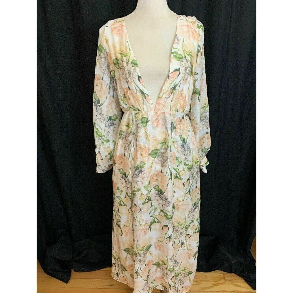 Reveuse Womens New White Peach Green Floral V Neck Long Sleeve Maxi Dress Small